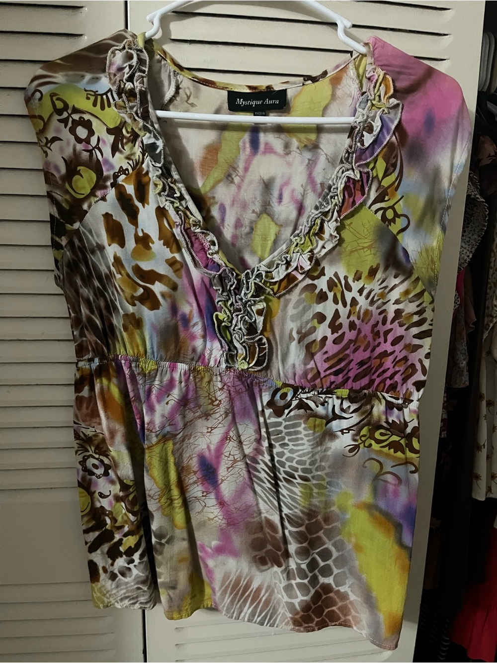 Mystique Boutique Multicolor Ruffle V-Neck Tunic — Pink, Yellow, Brown & Cream